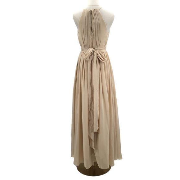 FORMAL SZ 4 S cream tan keyhole pleated halter bridesmaid maxi dress NEW B100 - Picture 2 of 8